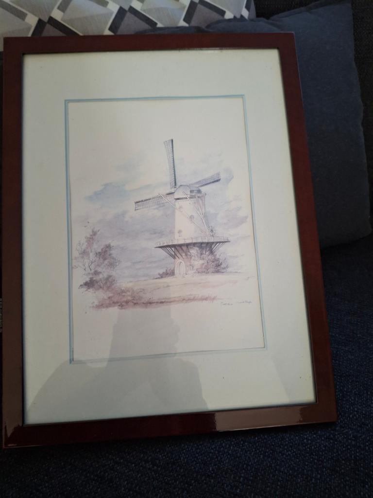 Ingelijste aquarel van molen in Veere, gesigneerd, Ophalen of Verzenden
