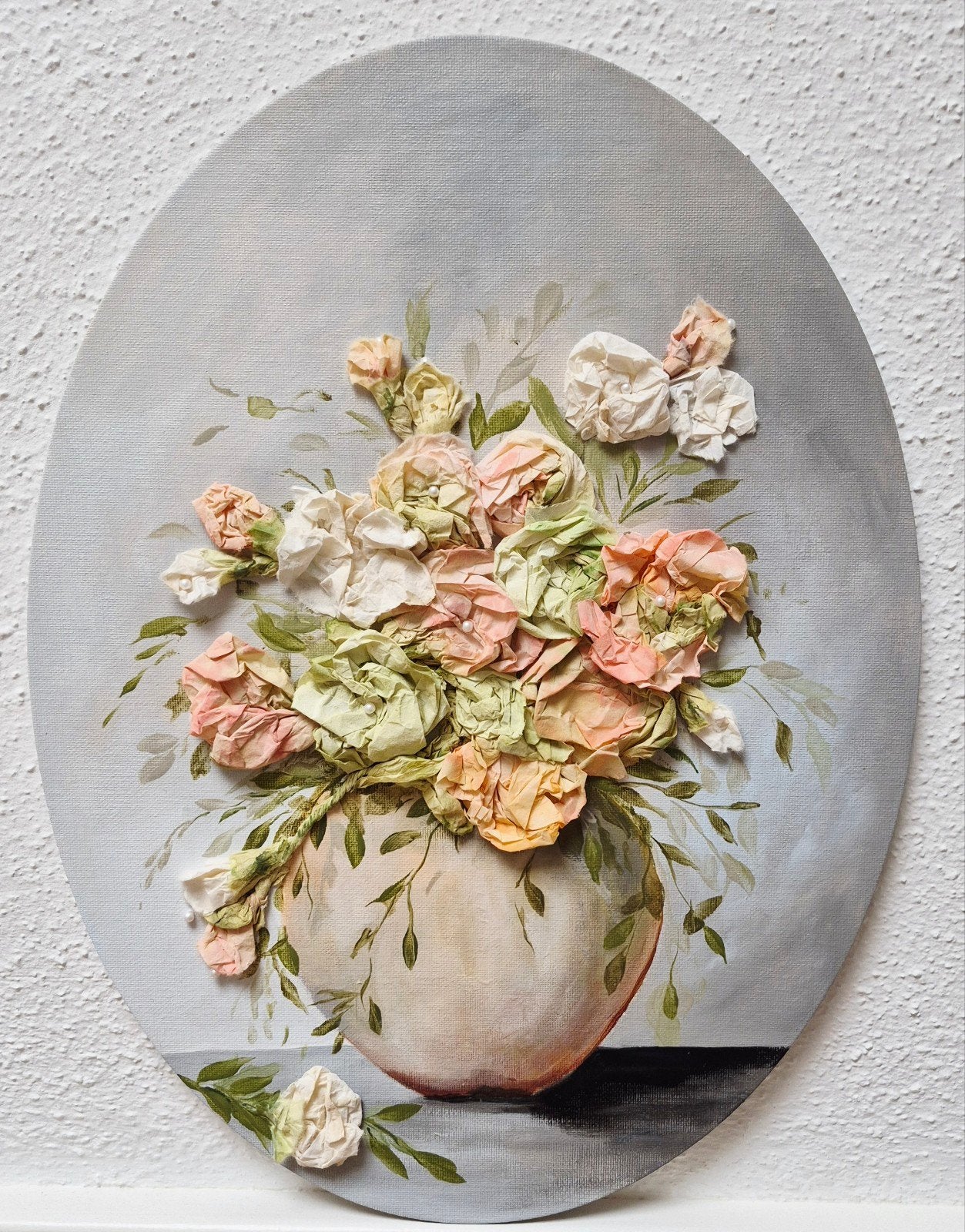 ovaal : Schildering met geschilderde rijstpapier bloemen, Ophalen, Eigen ontwerp, 30 cm, Nieuw