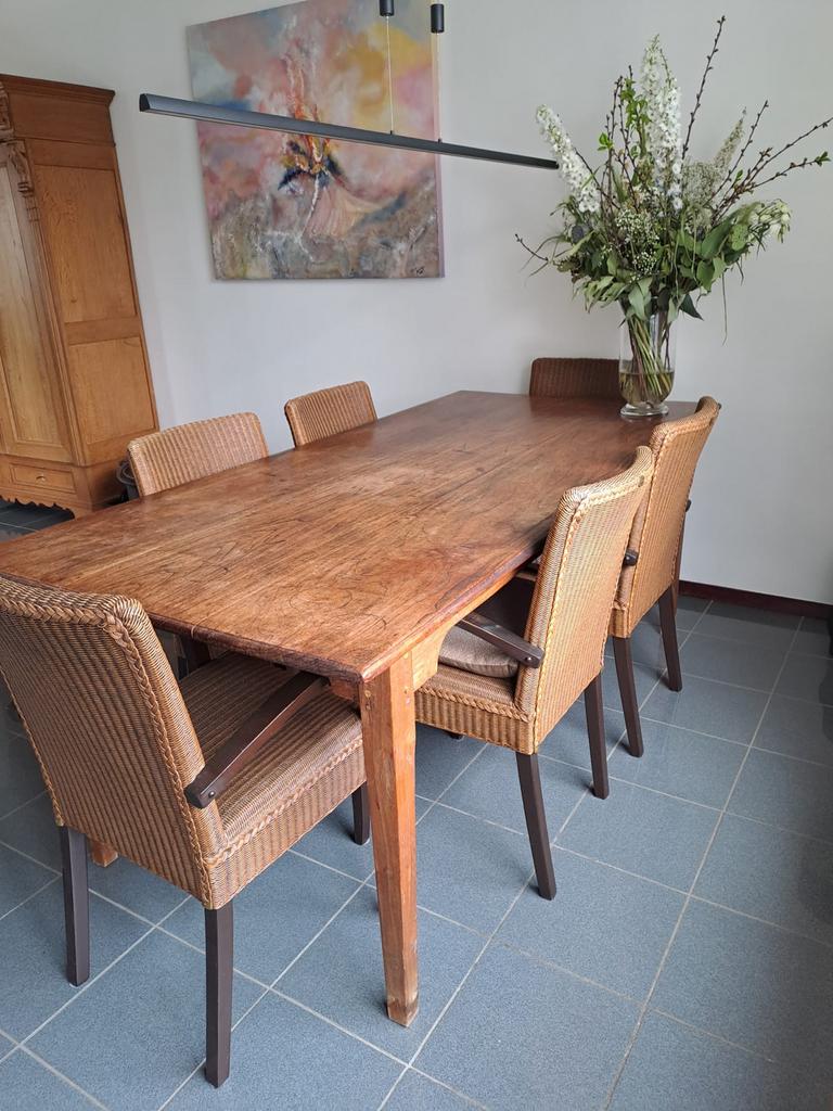 Antieke eettafel met 6 Loom Furniture stoelen, Ophalen, Gebruikt, 50 tot 100 cm, Vijf personen of meer