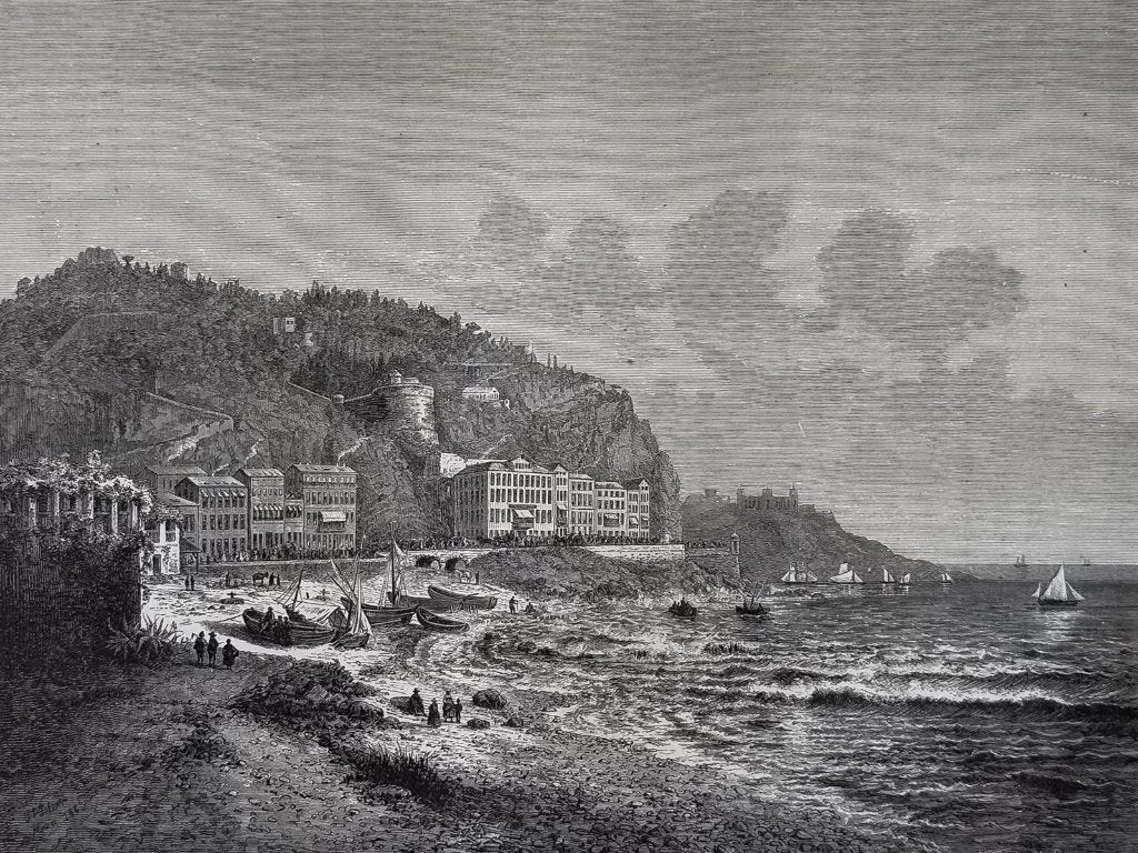 Originele houtgravure 1877 – Uitzicht op haven van Nice, Antiek en Kunst, Verzenden, Landschap, 30 cm, 1800 - 1899