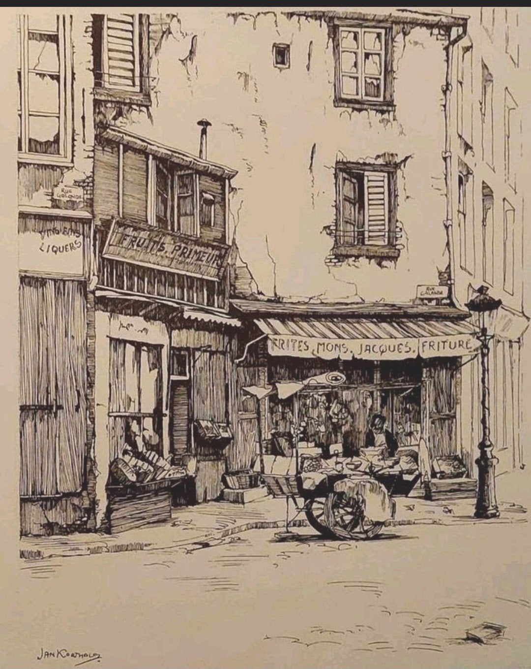 oude huizen .. de Rue Galande .. Parijs .. Jan Korthals ...., Antiek en Kunst, Ophalen of Verzenden