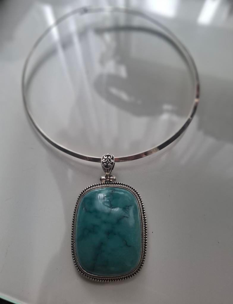 Vintage Zilveren Choker met Turquoise Hanger, Gebruikt, Blauw, Ophalen of Verzenden, Met edelsteen