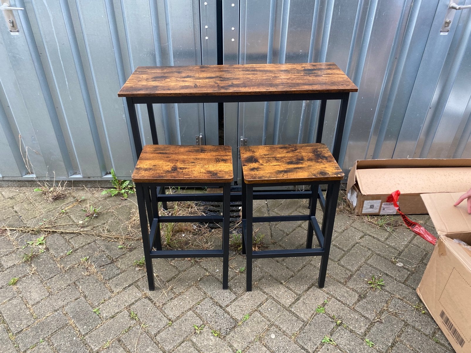 Industrieel tafeltje met 2 krukken zgan, Huis en Inrichting, Tafels | Sidetables, Ophalen, 100 tot 150 cm, Zo goed als nieuw, 25 tot 50 cm