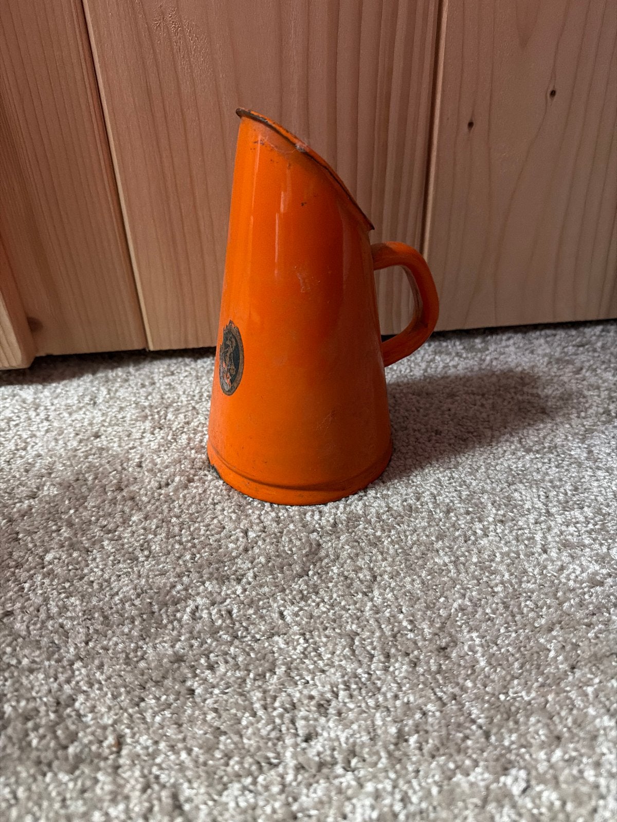 Vintage Oranje Emaille Maatbeker/Kan met Handvat, Ophalen of Verzenden