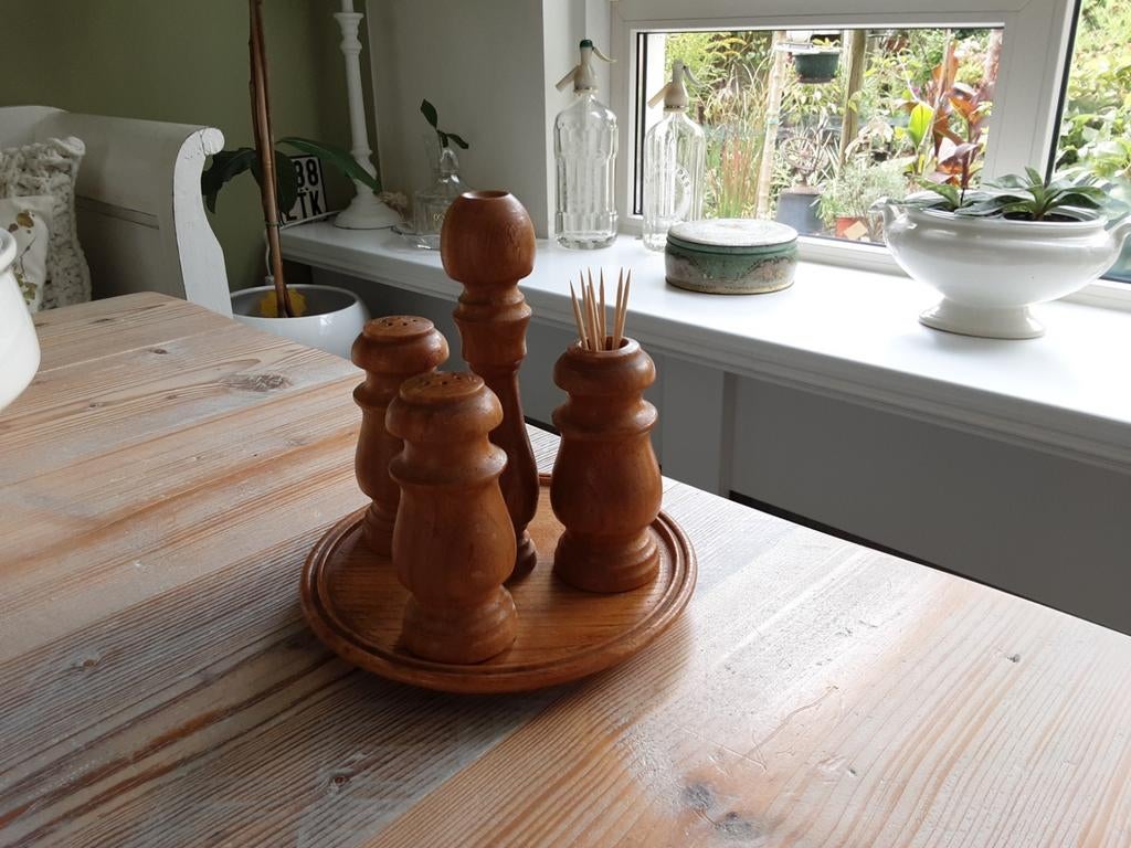 Leuk retro peper en zout stel met tandenstoker potje., Verzamelen, Ophalen of Verzenden, Huis en Inrichting