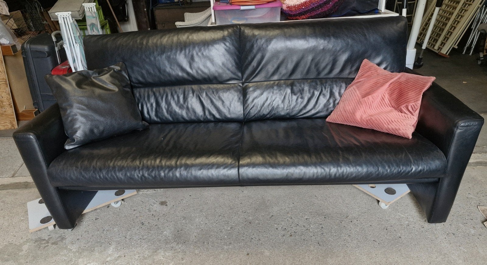 Zwart leren Montèl bankstel (2- en 3-zits), Ophalen, Gebruikt, 75 tot 100 cm, Leer