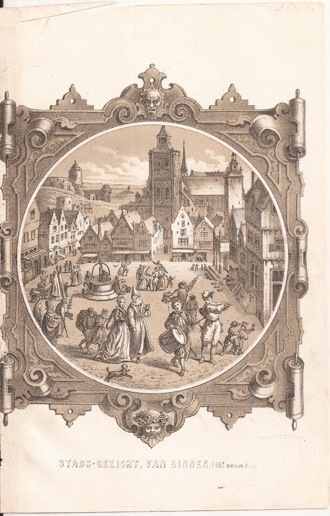 Stadsgezicht Bergen op Zoom (16e eeuw)Litho P.W. Trap ca1880, Origineel, 1800 - 1899, Stadsgezicht, Ophalen of Verzenden