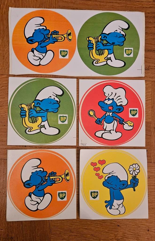 Set van 6 Smurfen BP stickers - Vintage verzamelobject, Ophalen of Verzenden, Verschillende Smurfen