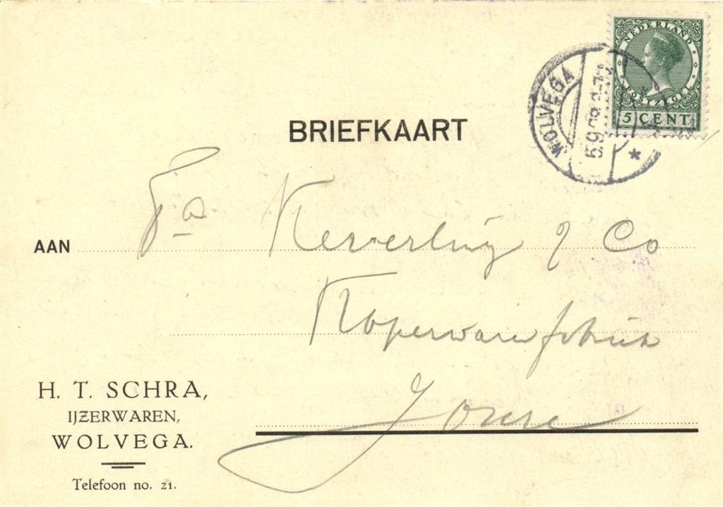 H.T. Schra, IJzerwaren, Wolvega - 09.1928 - briefkaart, Ophalen of Verzenden, Briefkaart