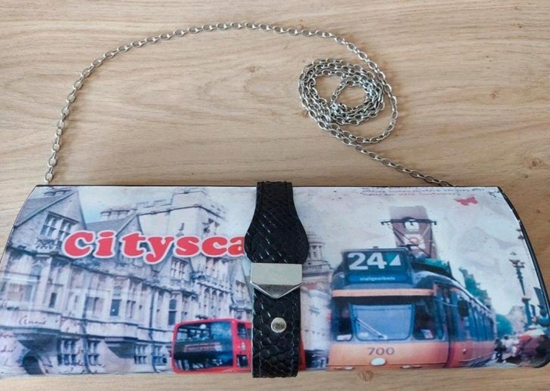 Vintage Cityscape Avondtasje met Ketting Magazine clutch, Verzenden, Avondtasje