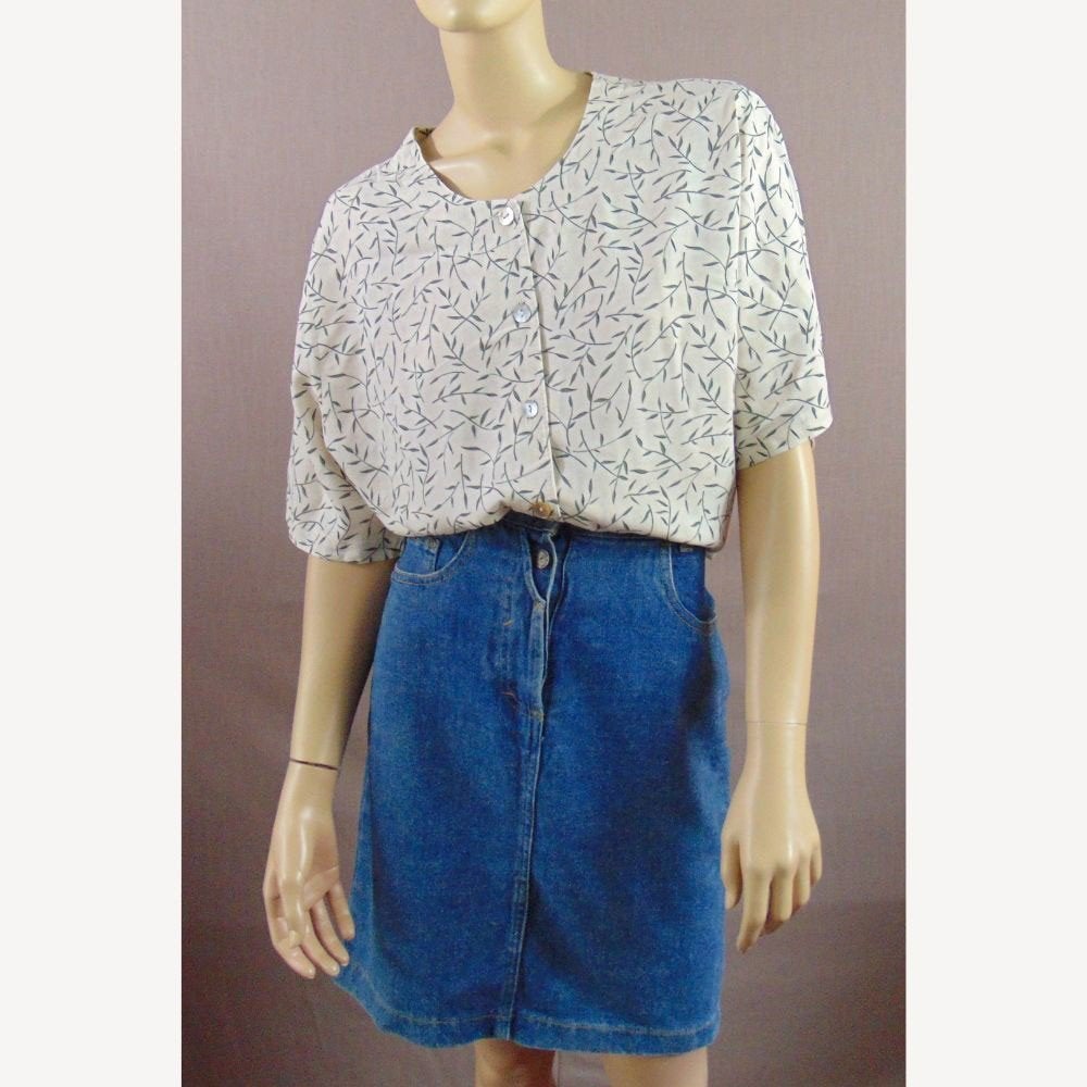 Vintage beige blouse met groene print blaadjes maat 44 / 46, Verzenden, Beige, Maat 42/44 (L), Zo goed als nieuw