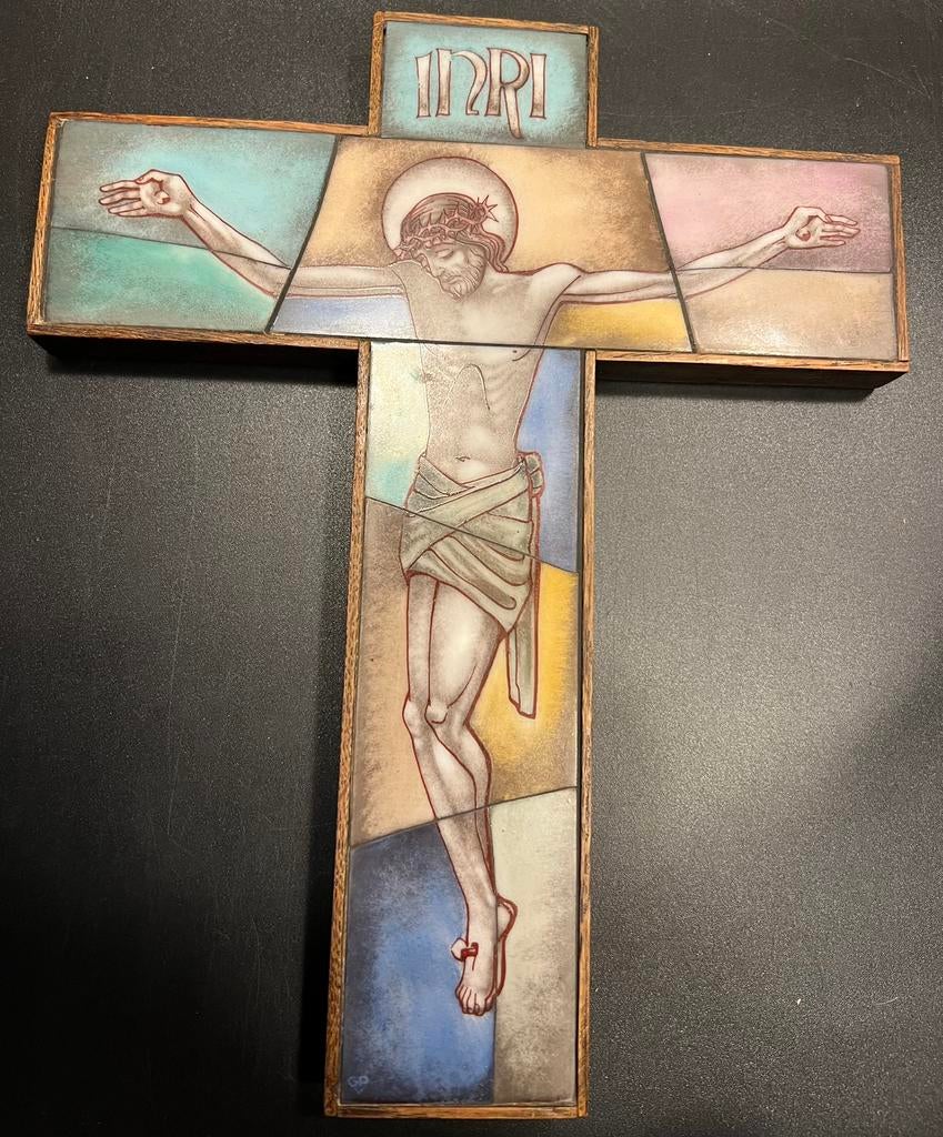 Antiek gebrandschilderd opaline kruisbeeld,gebr. Paridon, Ophalen of Verzenden, Zo goed als nieuw