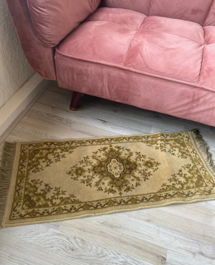Vintage vloerkleed groen/crème 97x38 cm, Huis en Inrichting, Minder dan 50 cm, Gebruikt, 50 tot 100 cm, Ophalen of Verzenden