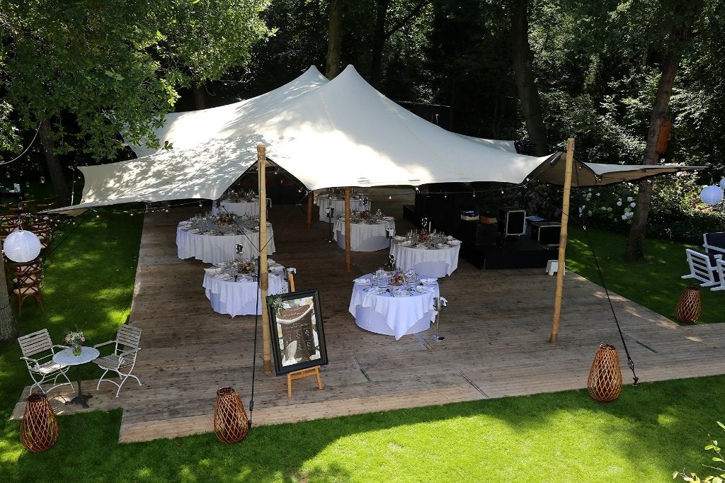 RHI chino stretchtent 10.5 x 15 meter – te koop, Gebruikt, Opvouwbaar, Overige typen, 6 meter of meer