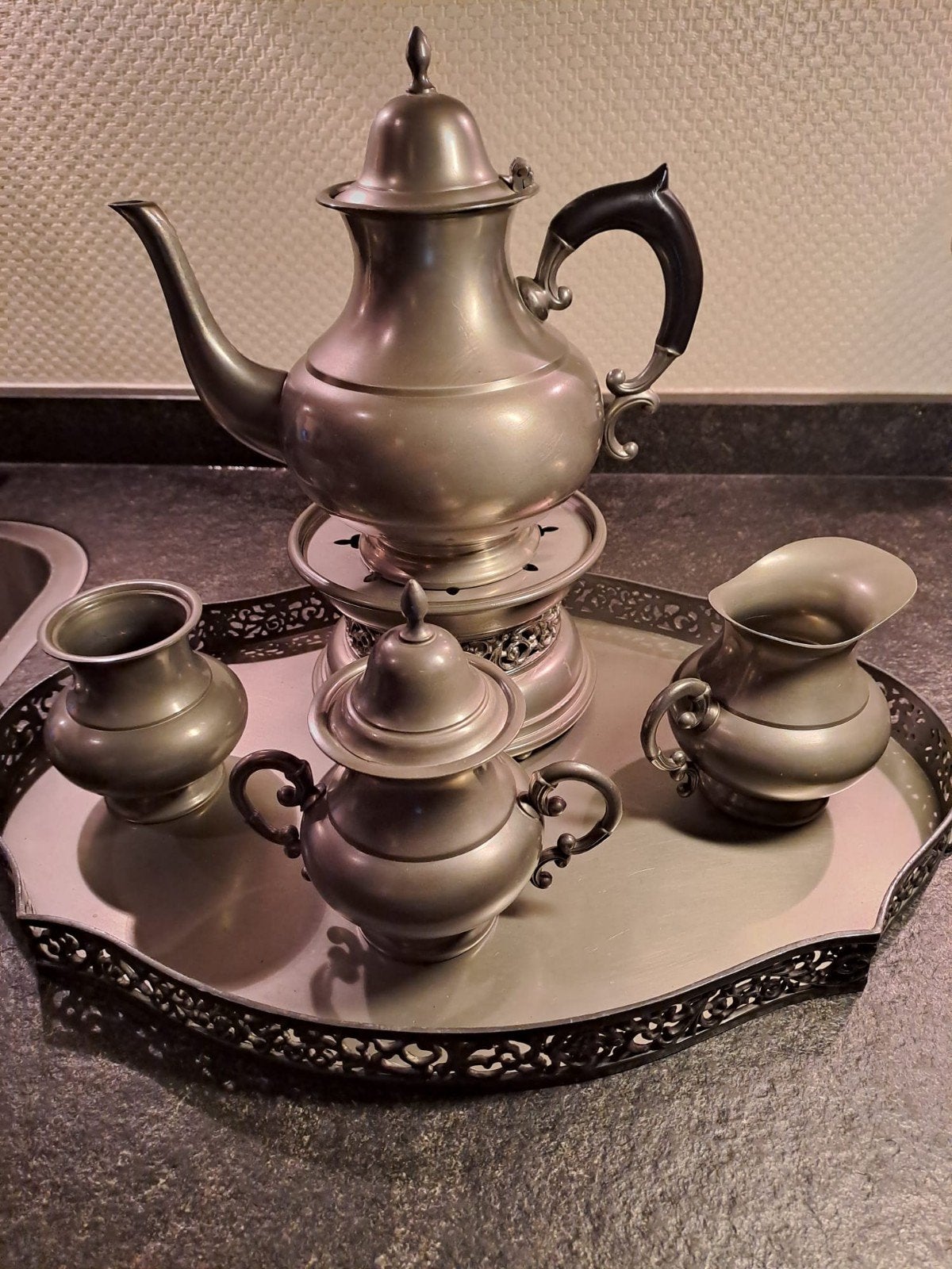 Antiek tinnen theeservies met dienblad, Ophalen of Verzenden