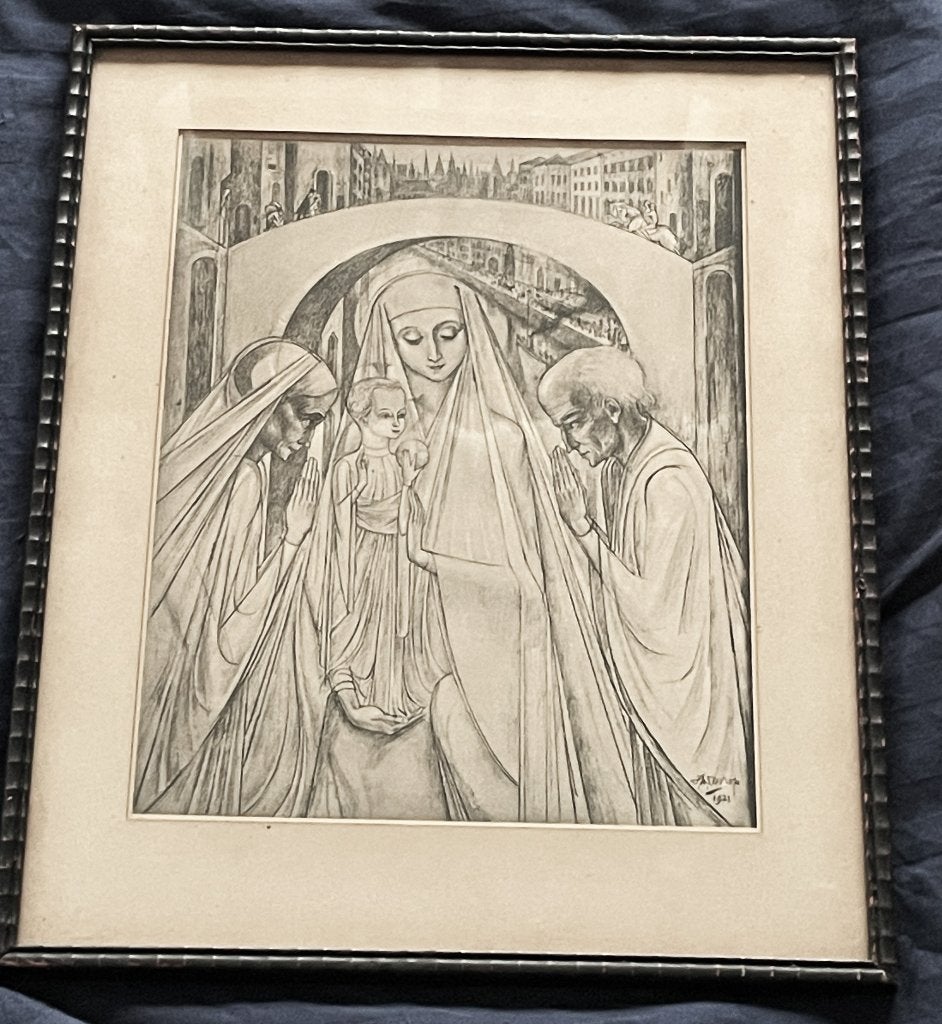 Jan Toorop (1858-1928) - Maria met kind en gebedsgangers, Antiek en Kunst, Kunst | Litho's en Zeefdrukken, Ingelijst, Portret en Figuren