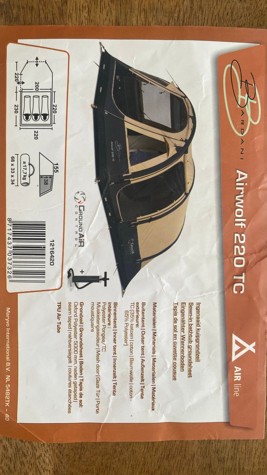 Bardani Airwolf 220 TC  opblaatent, Caravans en Kamperen, Ophalen of Verzenden, Zo goed als nieuw, Tot en met 3