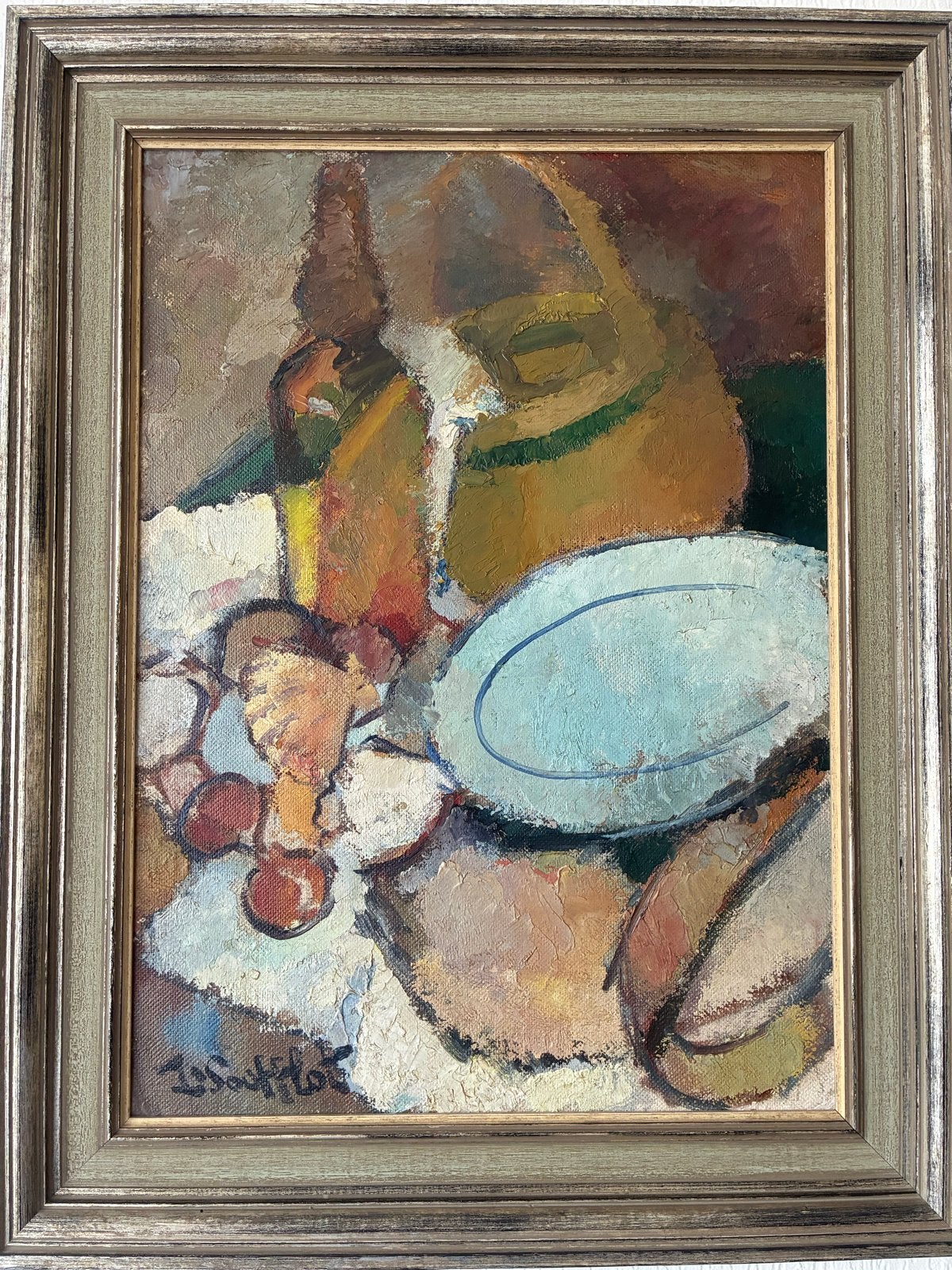 Schilderij Stilleven met fles, bord en fruit - Gesigneerd, Ophalen, Doek, Expressionistisch, Stilleven