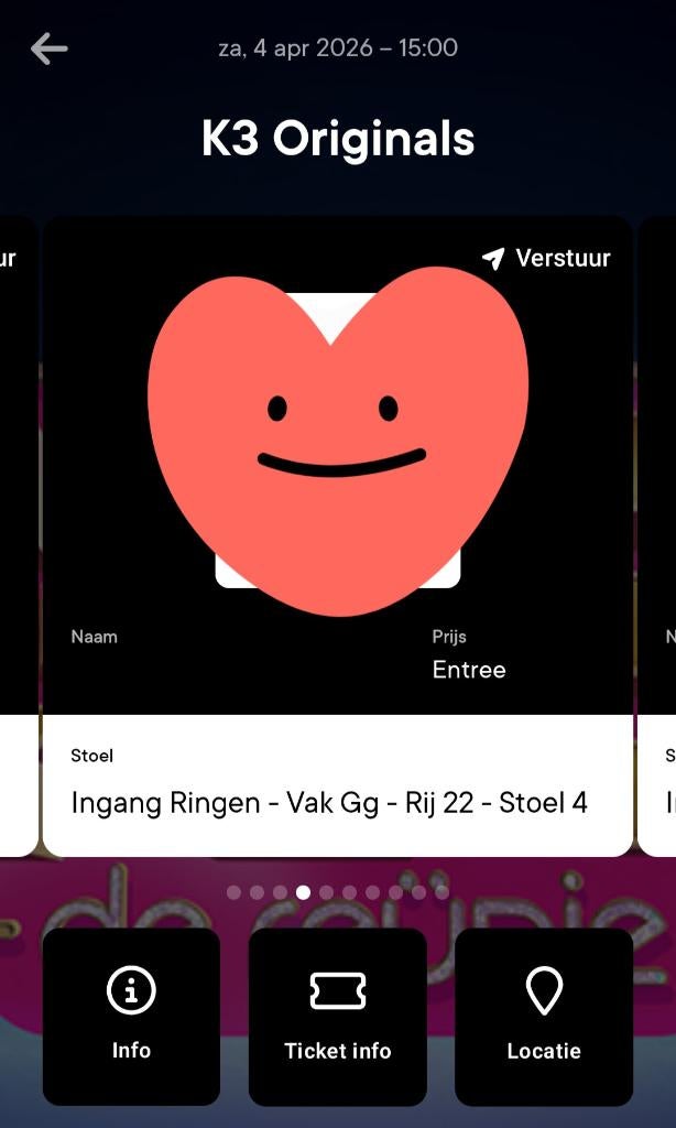 K3 ticket 4 april 15.00 Gg rij 22 stoel 4, Eén persoon, April, Pop