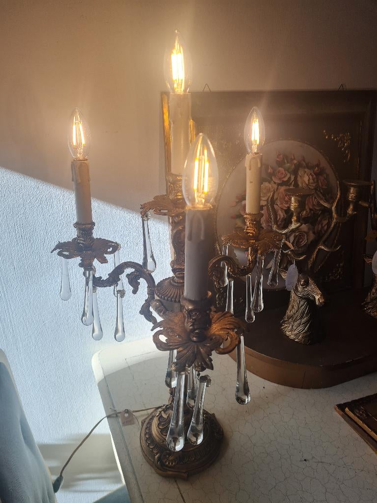 Antieke massief bronzen tafellamp met glazen pegels, Ophalen of Verzenden, Brons