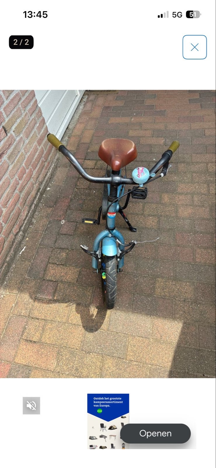 Kinderfiets 12 inch - Blauw met bruin zadel, Ophalen, Gebruikt, Terugtraprem, Minder dan 16 inch