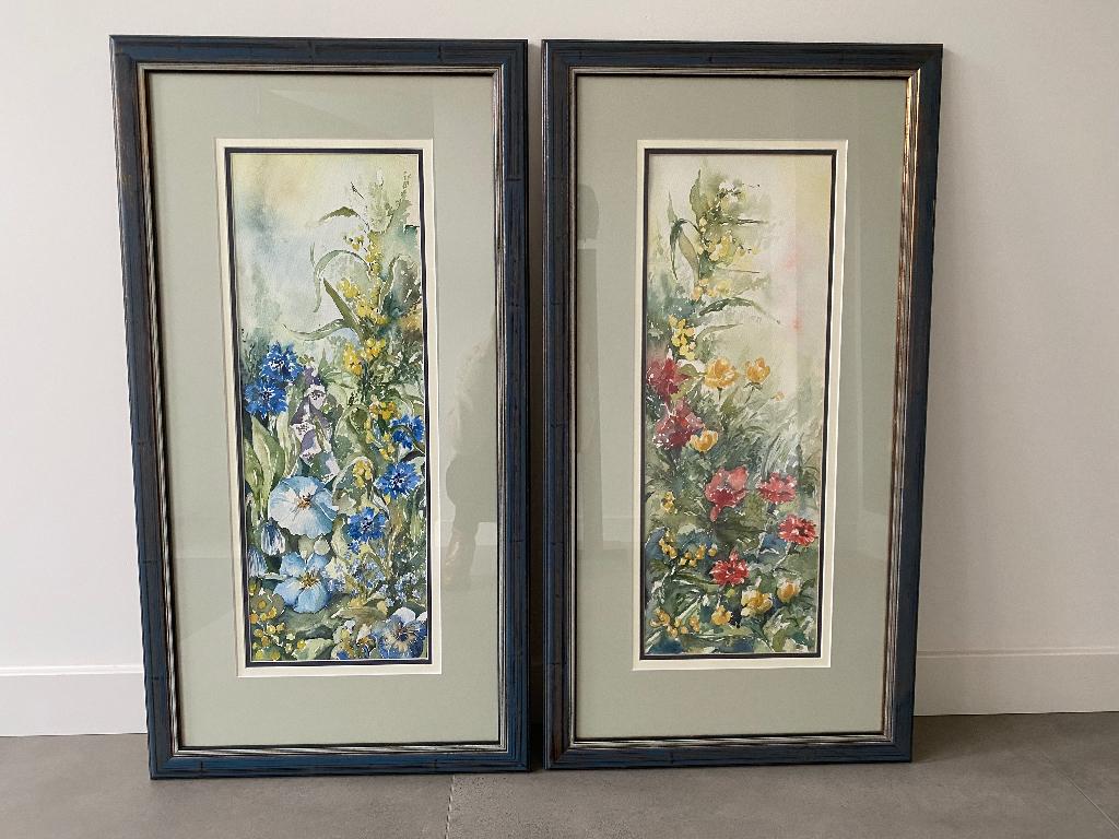 Tweeluik aquarellen, Huis en Inrichting, Woonaccessoires | Schilderijen, Tekeningen en Foto's, Ophalen, Minder dan 50 cm, Zo goed als nieuw