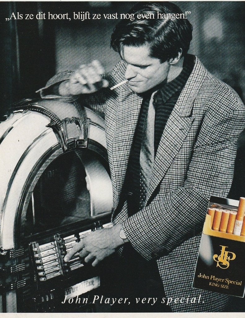 retro reclame 1989 JP John Player sigaretten man jukebox, Verzenden, Overige typen