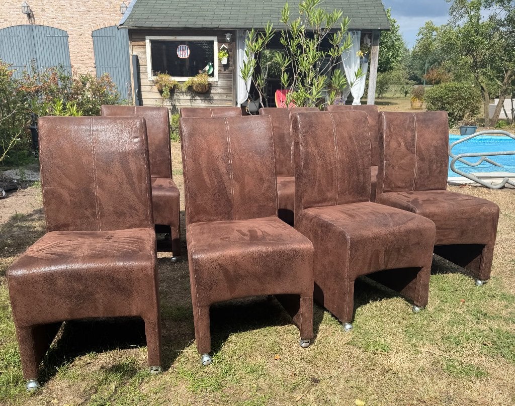 Mooie bruine eetkamerstoelen 8 stuks geschuurd lederlook, Huis en Inrichting, Stoelen, Ophalen, Overige materialen, Bruin, Zo goed als nieuw