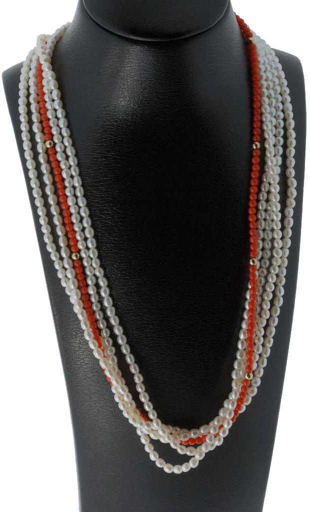 Bloedkoraal met parel vintage 14k gouden ketting dames retro, Verzenden, Goud, Ketting, Met edelsteen