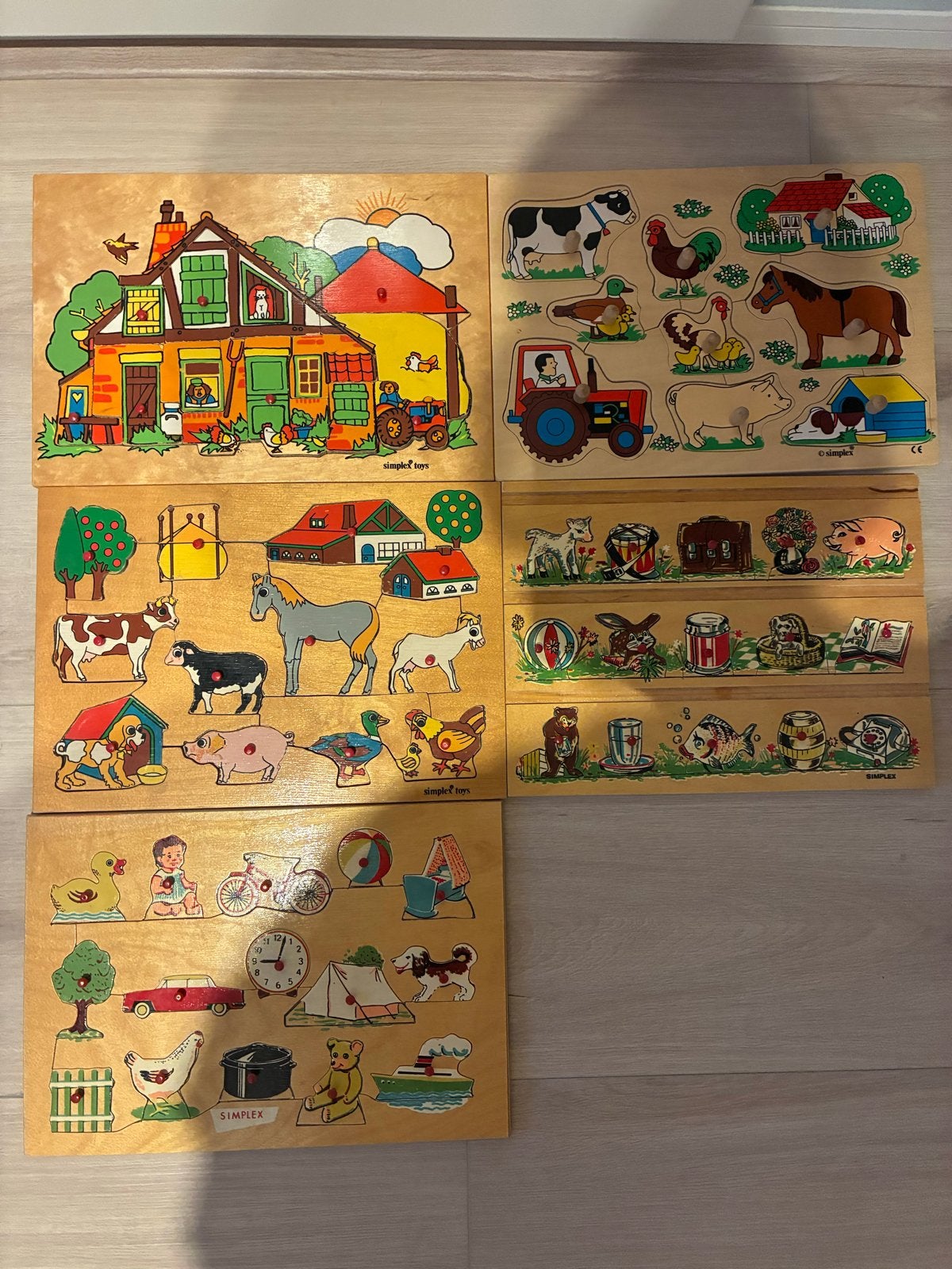 5 Simplex Toys Houten Puzzels - Boerderij & Dagelijks Leven, 2 tot 4 jaar, Gebruikt, Ophalen of Verzenden, Van hout