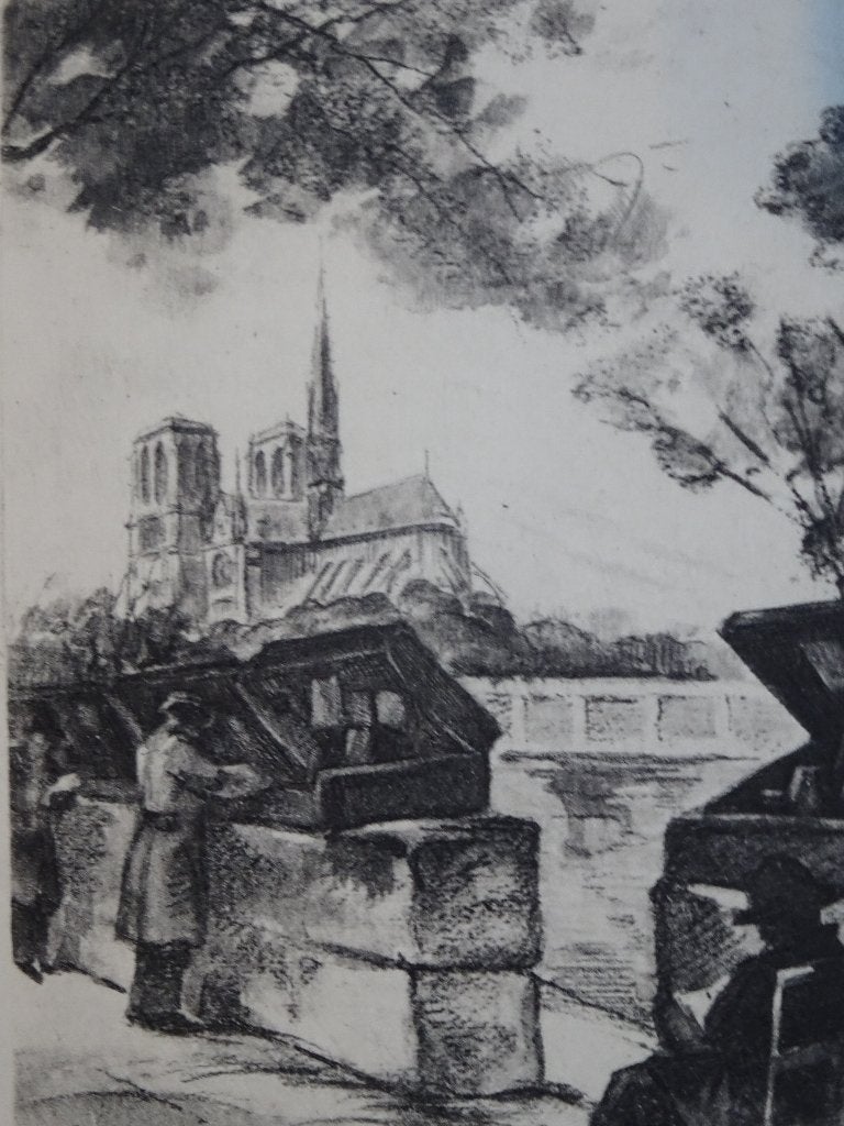 Ets boekhandelaren langs de Seine Parijs, Notre Dame, Garino, Verzenden, Dagelijks leven, Ets, Origineel