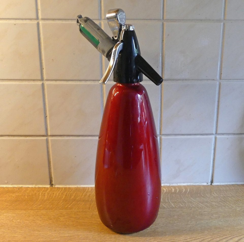 Vintage siphon spuitwaterfles BOC England soda sifon werkend, Ophalen of Verzenden, Metaal, Rood, Overige typen