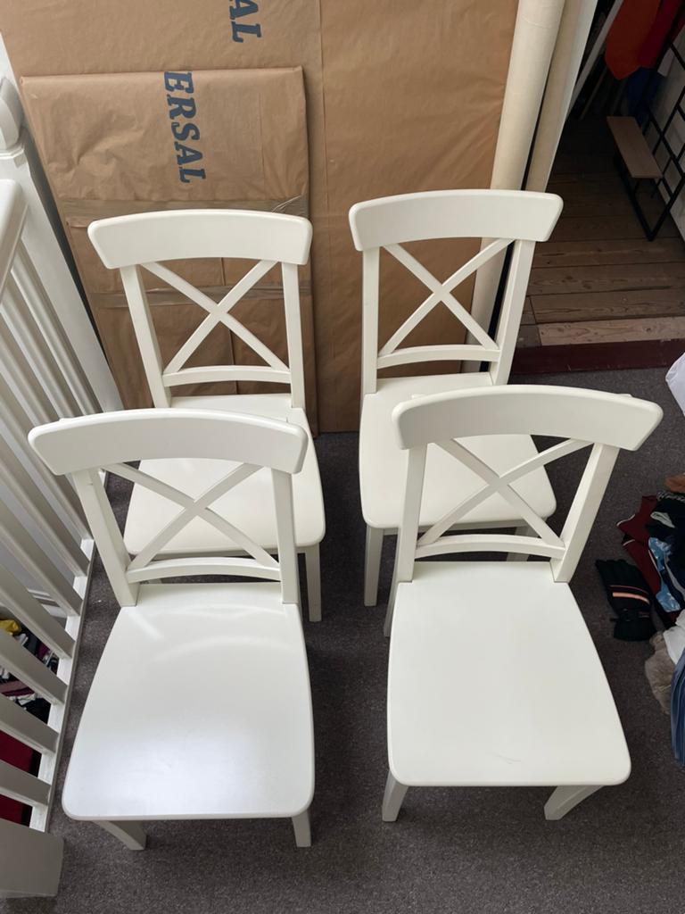 4 witte IKEA stoelen, Ophalen, Gebruikt, Wit, Vier