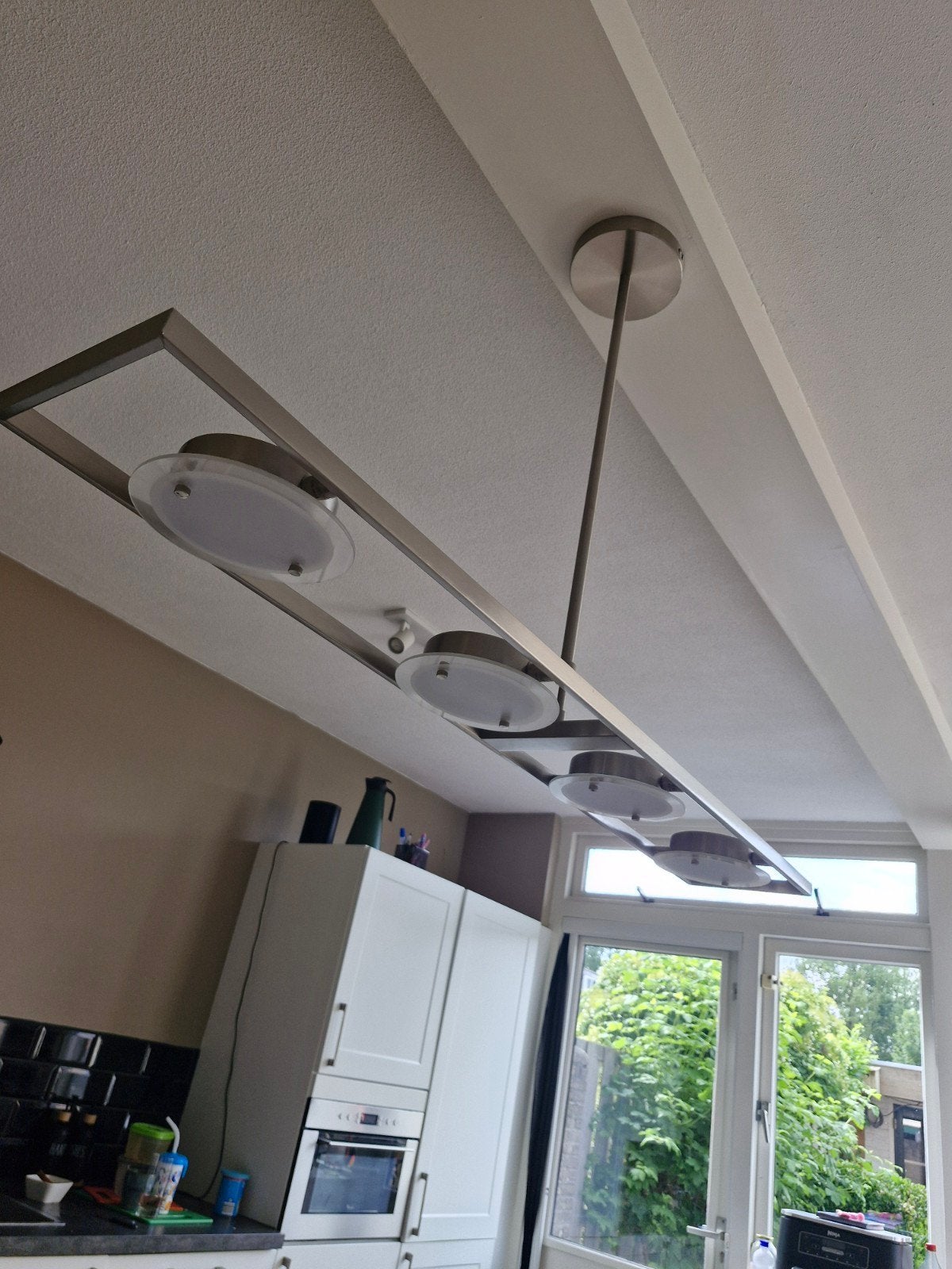 Strakke RVS Hanglamp met 4 Spots, Ophalen, 50 tot 75 cm, Modern, Strak, Zo goed als nieuw