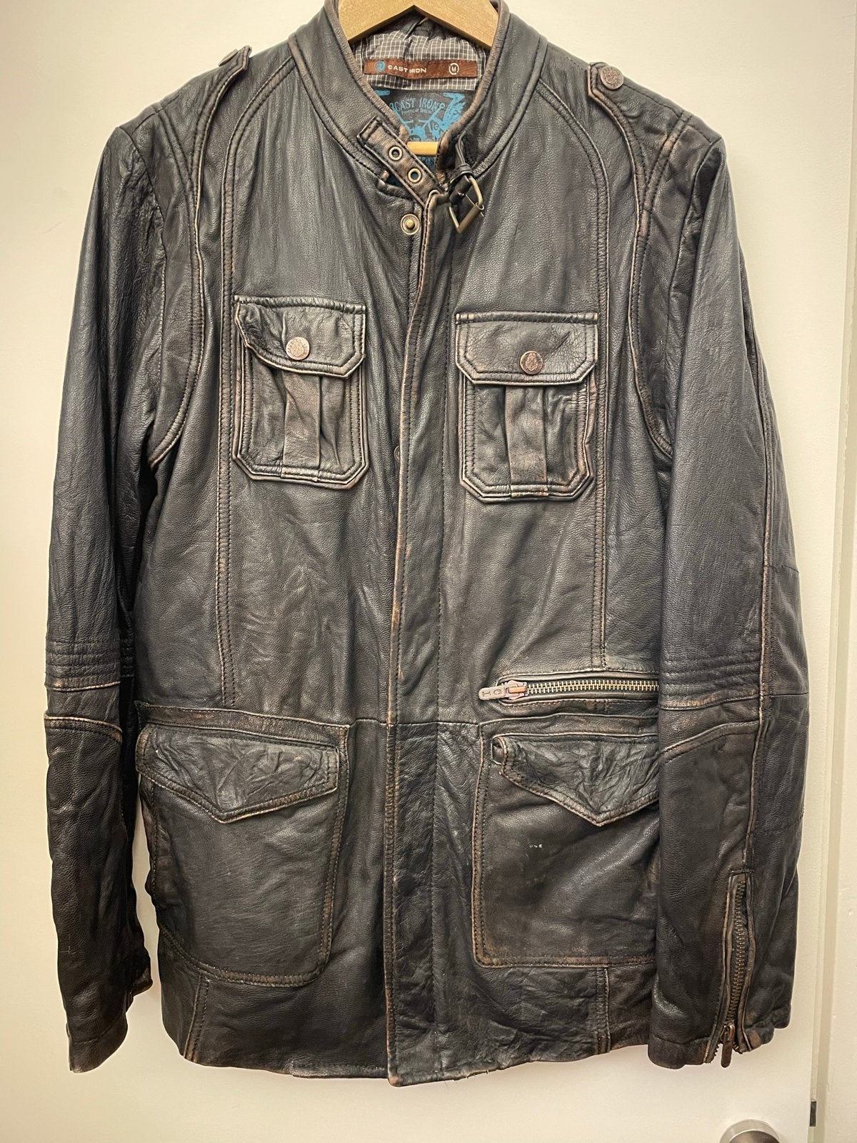 Stoer Cast Iron leren jack, langer model, maat M, Ophalen of Verzenden, Gedragen, Maat 48/50 (M), Zwart