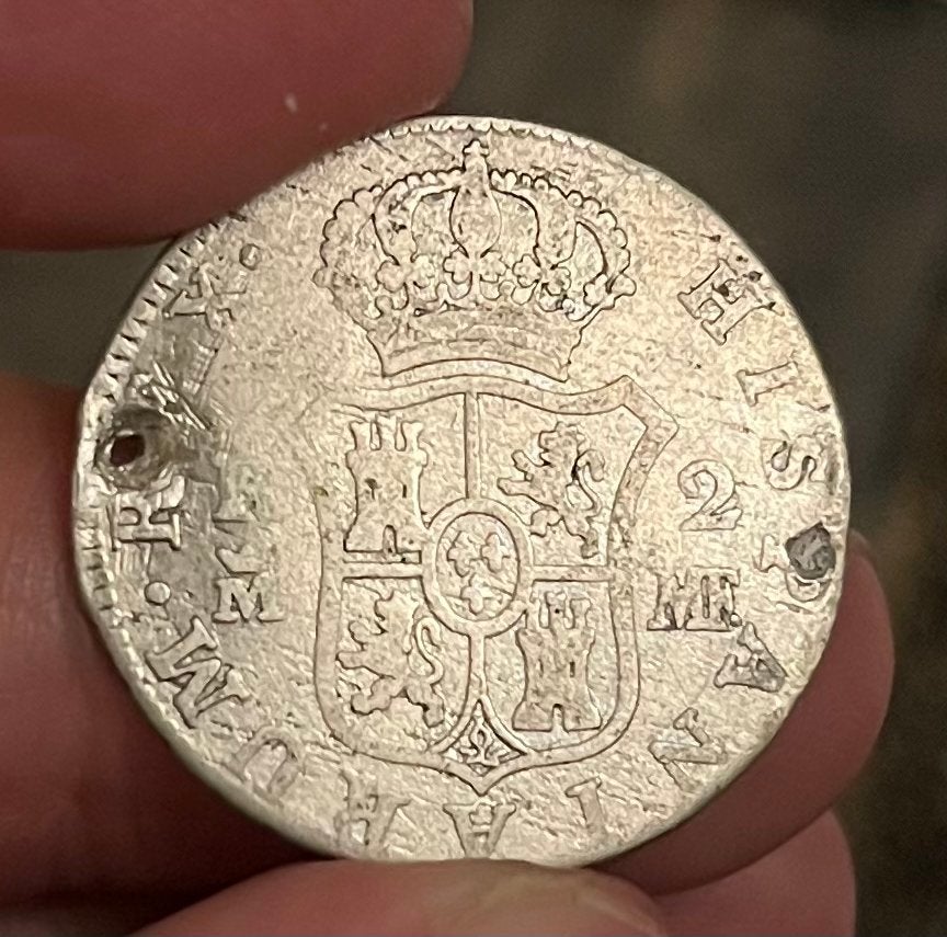 Zilveren 2 Reales Carlos IV, 1793 Madrid (doorboord), Ophalen of Verzenden, Losse munt, Zilver
