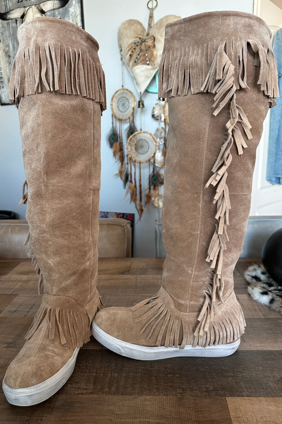 Hoge suede “afzak” laarzen met franje , maat 40, Hoge laarzen, Bruin, Ophalen of Verzenden, Zo goed als nieuw