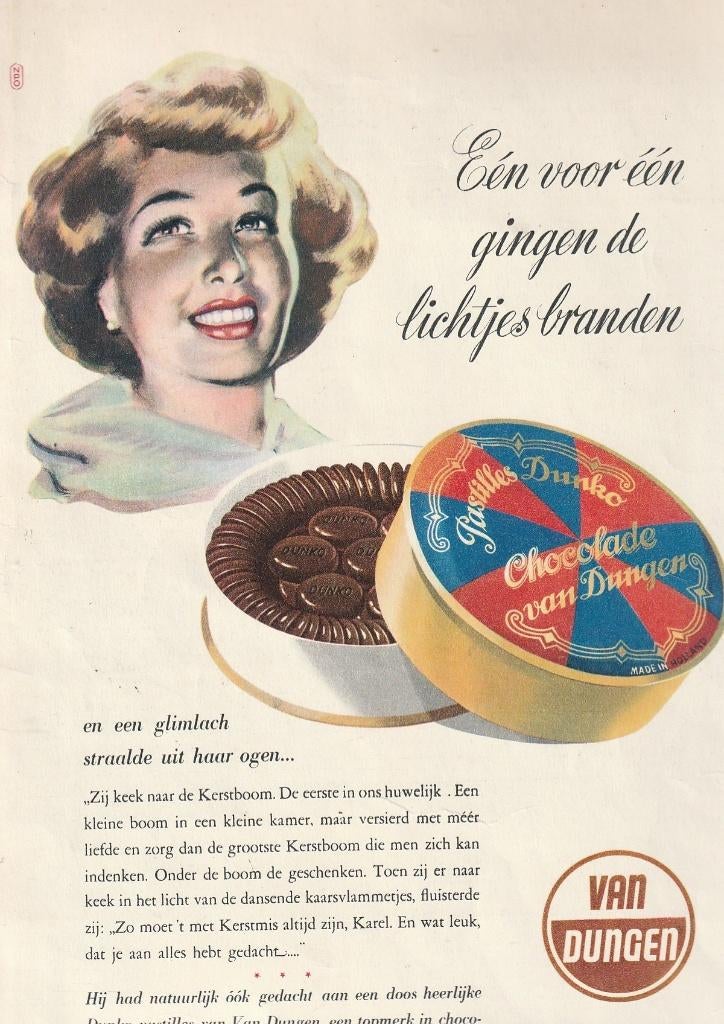 Retro reclame 1950 Van Dungen chocola Kerstmis blik, Verzamelen, Retro, Verzenden, Overige typen
