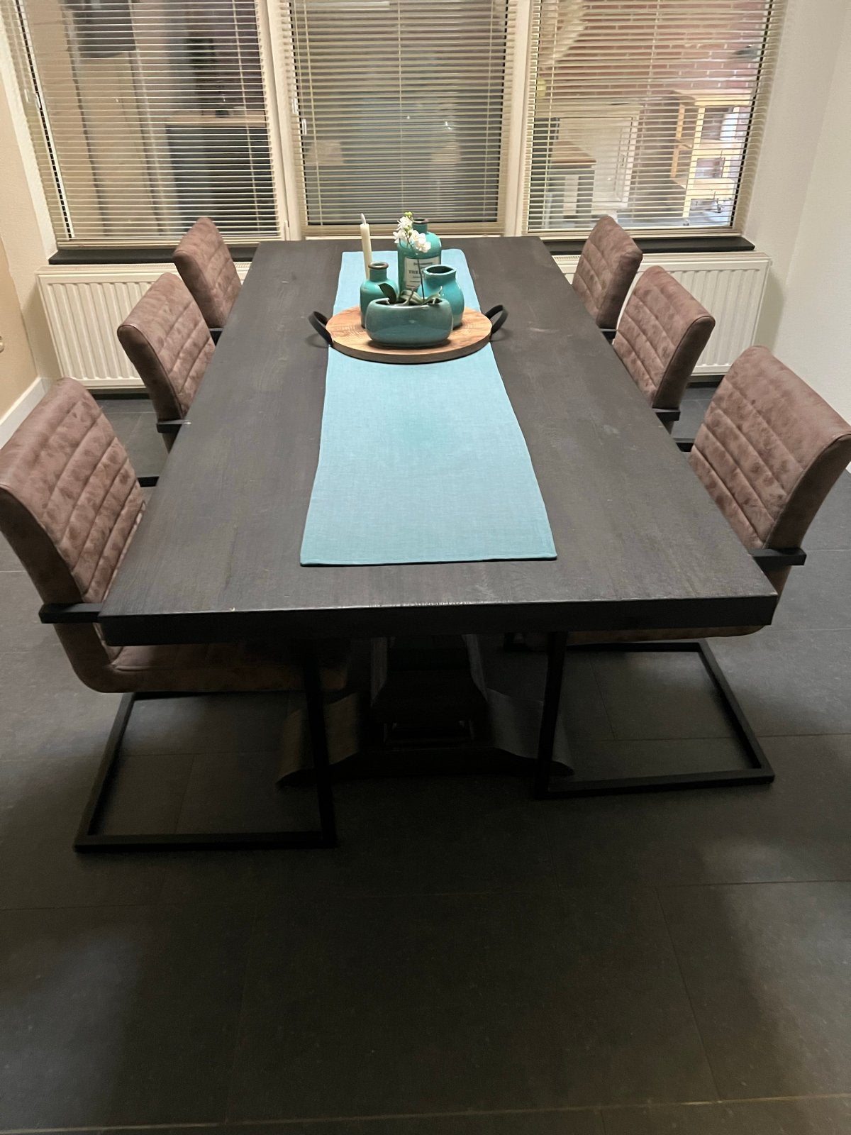 Massief eiken kloostertafel met 6 stoelen, Huis en Inrichting, Ophalen, 100 tot 150 cm, Eikenhout, 200 cm of meer