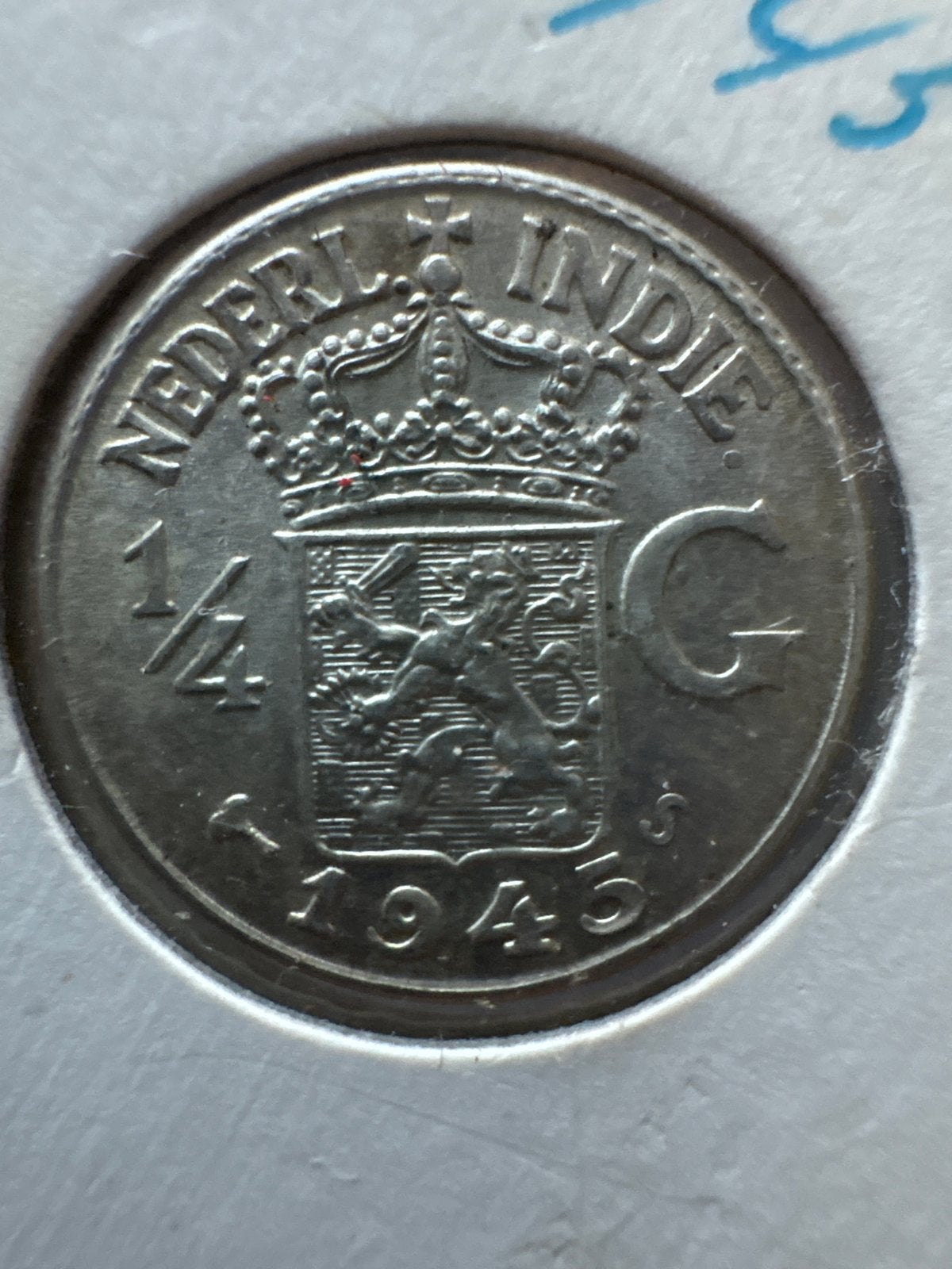 Nederlands-Indië 1/4 Gulden 1945, Postzegels en Munten, Munten | Nederland, Ophalen of Verzenden, Koningin Wilhelmina, Overige waardes