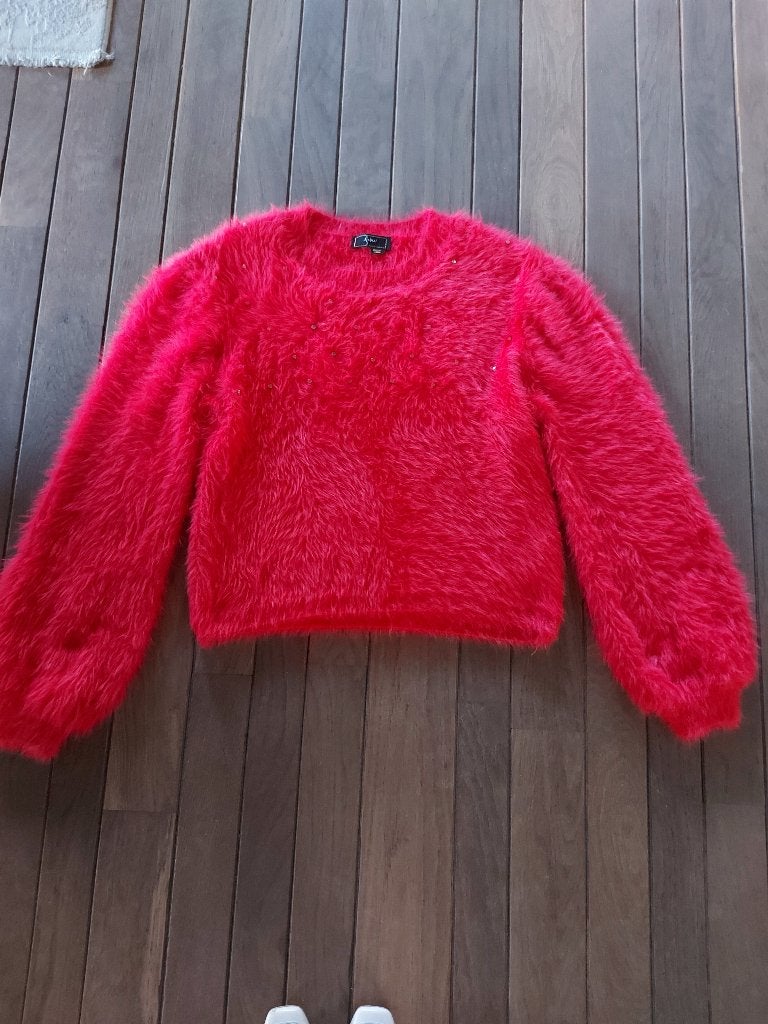 RODE FLUFFY TRUI MET STRASSTEENTJES BOVENAAN DE TRUI 139,95, Maat 38/40 (M), Zo goed als nieuw, Rood, Faina