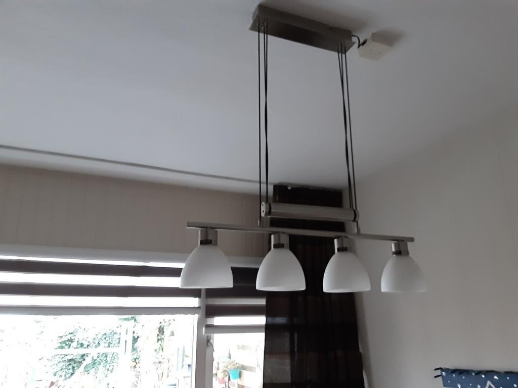 Moderne hanglamp met 4 spots, verstelbaar, Ophalen, Gebruikt, Glas, 75 cm of meer