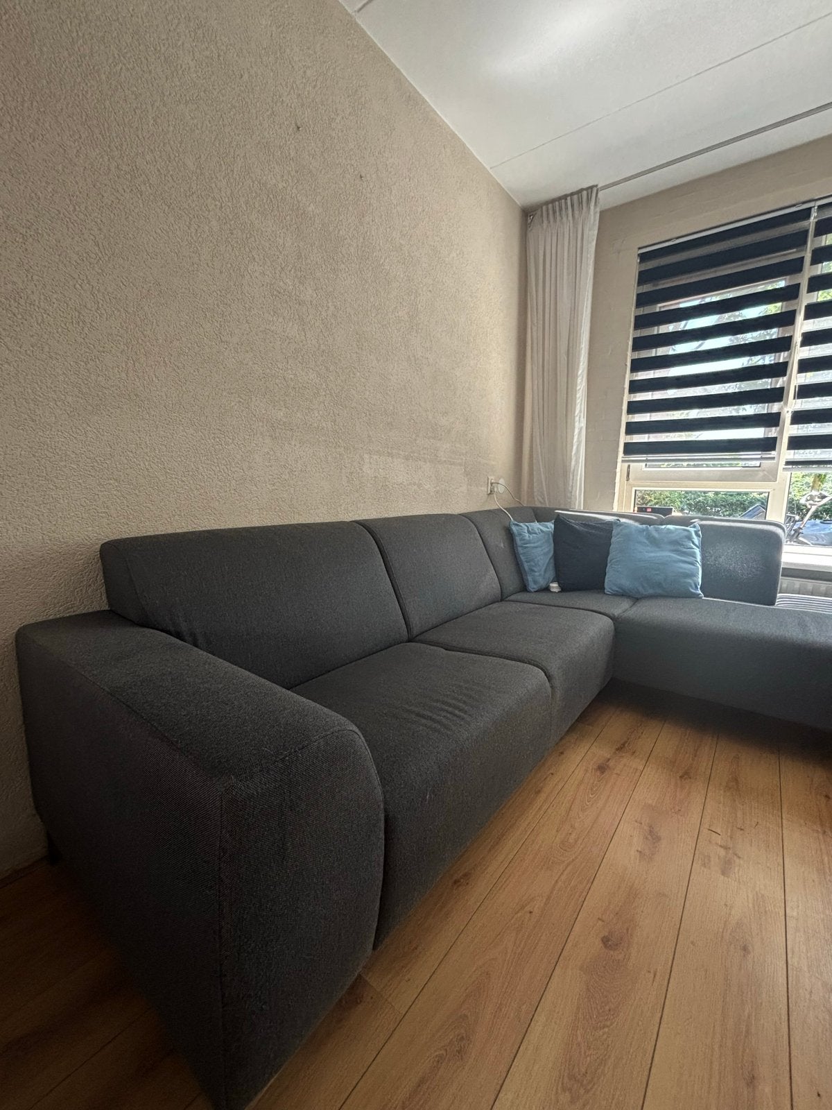 Pronto Wonen antracietkleurige hoekbank met loungegedeelte, Ophalen, 250 tot 300 cm, Gebruikt, Hoekbank