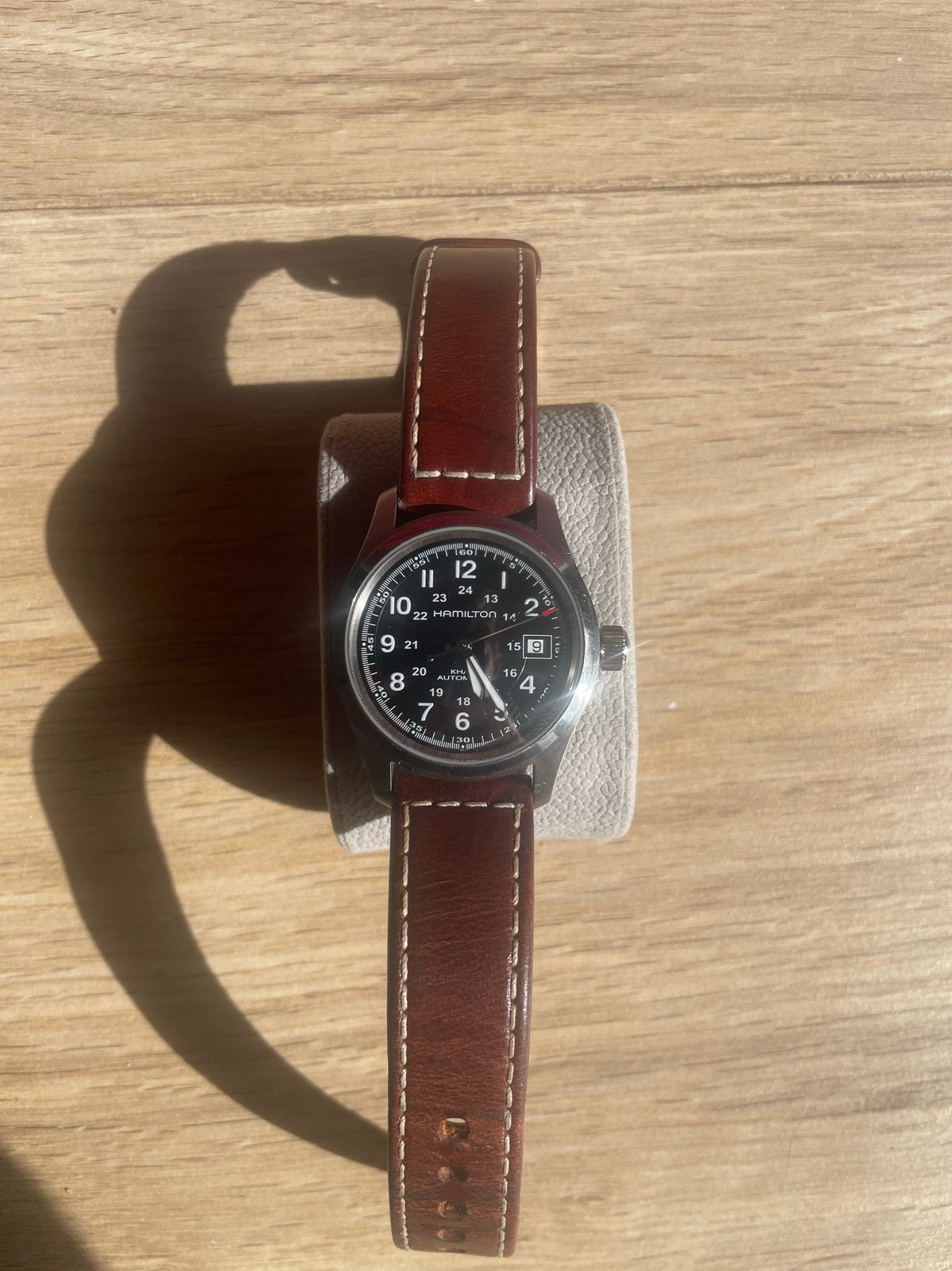 Hamilton Khaki Field Auromatic, Leer, Staal, Polshorloge, Zo goed als nieuw