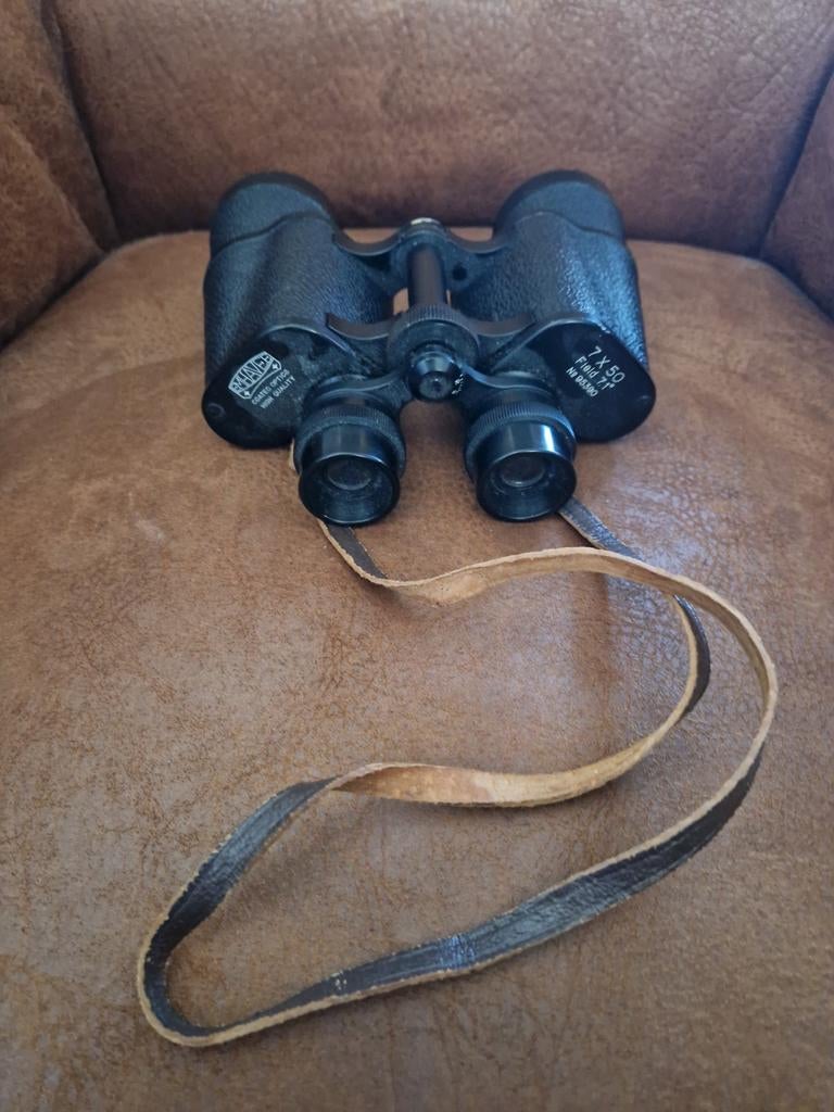 Vintage EMHAVEE 7x50 verrekijker, Gebruikt, Minder dan 8x, Met hoes of tas, Porro (met knik)
