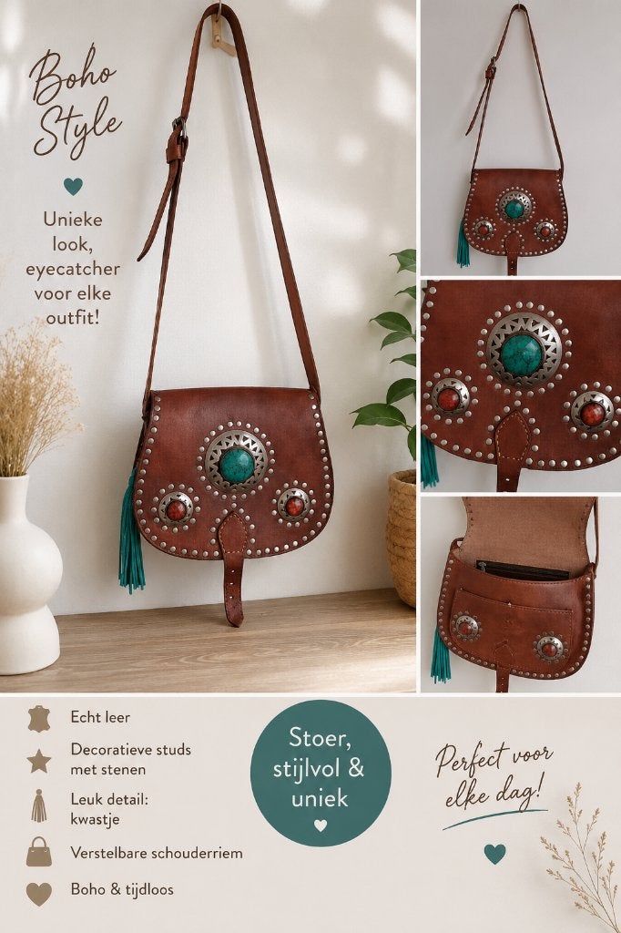 Boho Tas  bruin leder met studs  24x 22 cm, Verzenden, Bruin, Schoudertasje