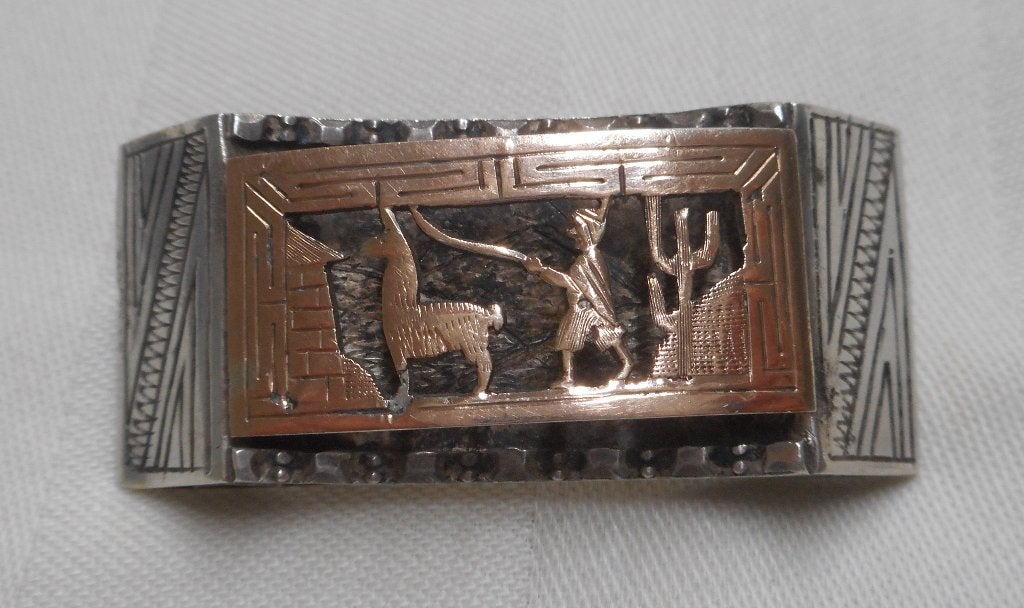 Zilver met goud vintage Peruaanse broche nr.1643, Verzenden, Zilver, Broche
