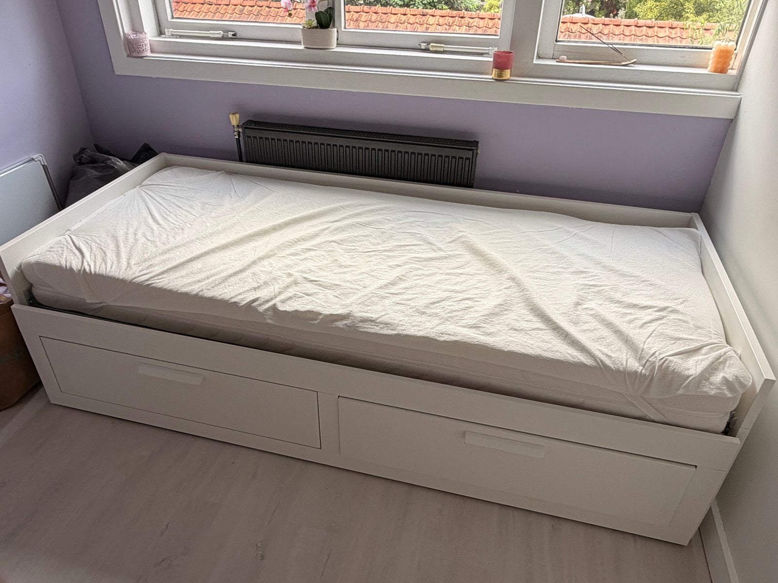IKEA Brimnes Bedbank met 2 lades, wit, 80x200 cm, Ophalen, Gebruikt, Eenpersoons, Wit