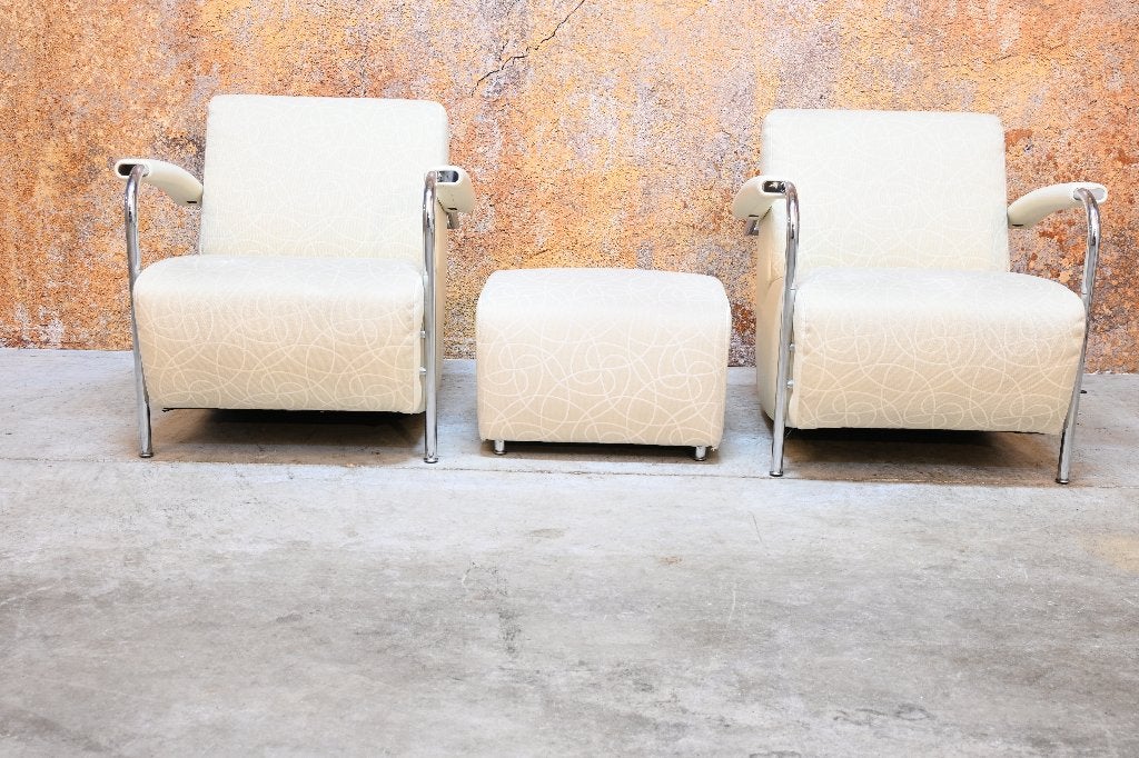 ZGANieuw 2 cremekleurige Leolux Scylla fauteuils + poef, Huis en Inrichting, Leolux, Leolux, Leer, 75 tot 100 cm