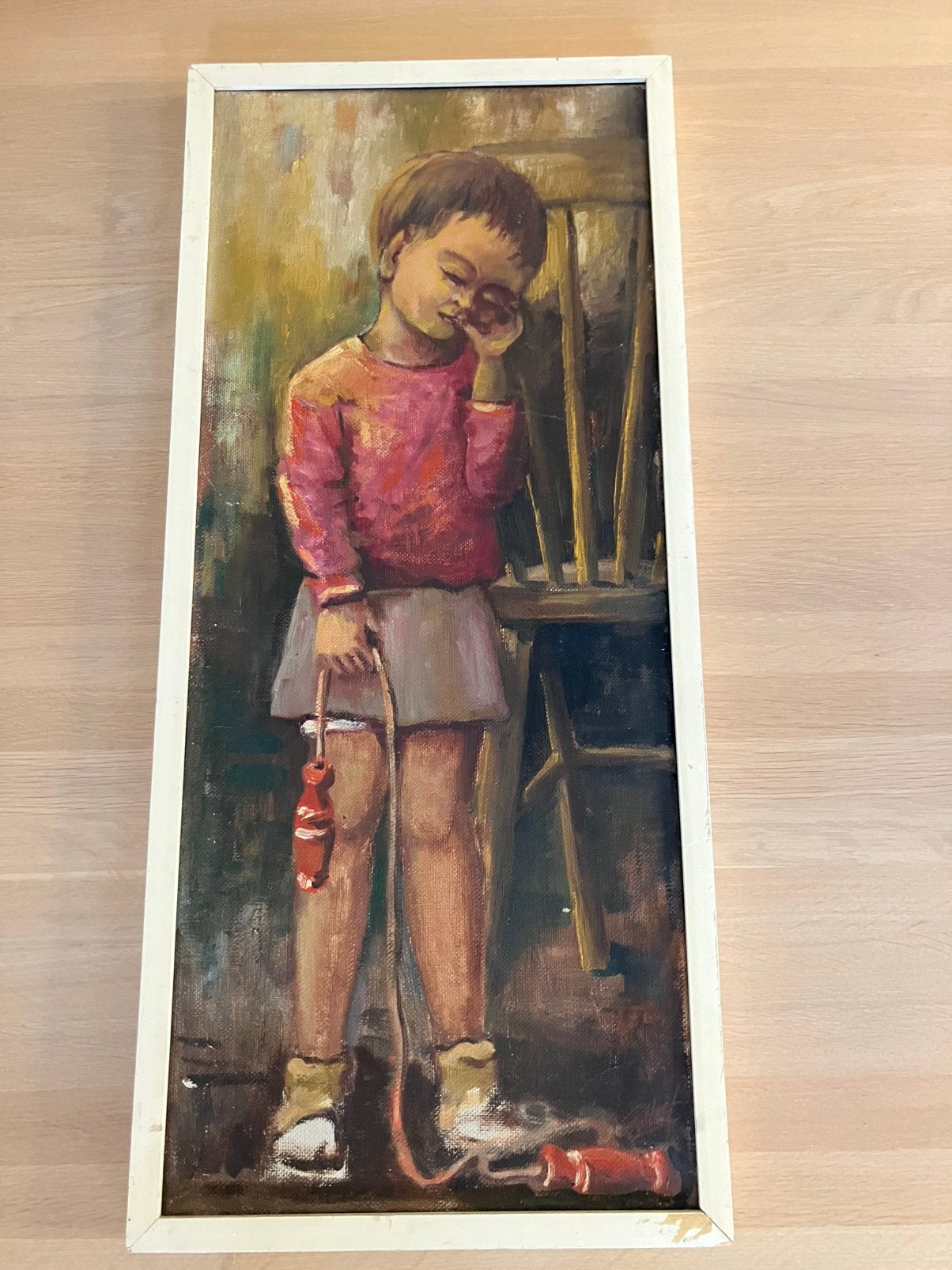 Vintage schilderij olieverf op doek meisje met springtouw, Ophalen of Verzenden